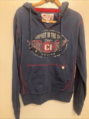 Men's Navy Graphic Hooded Pullover with Red Stitching
